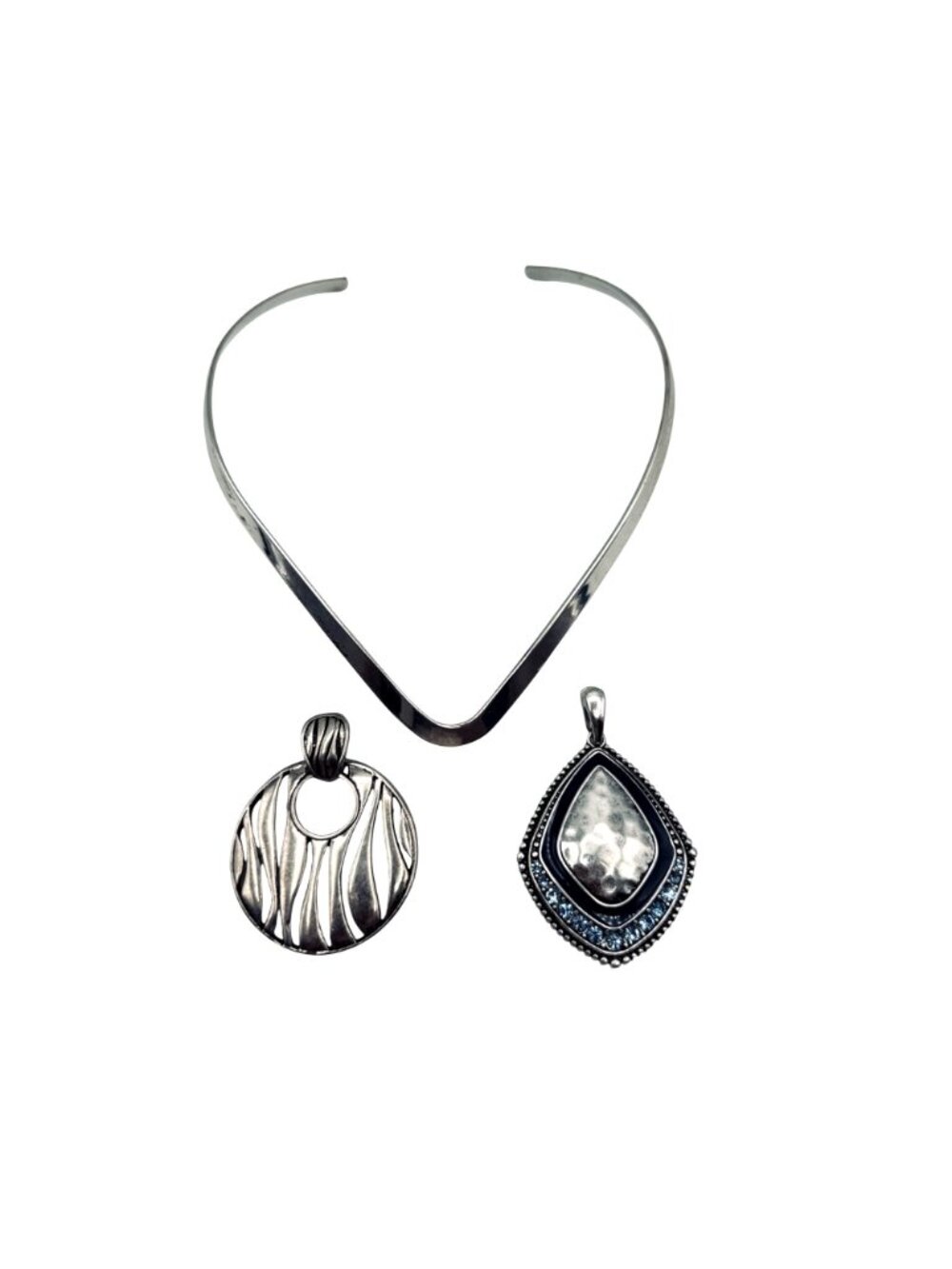 Silver Tone Torque Necklace 2 Pendants Deep V by Best Magnetic Bales Blue Stones